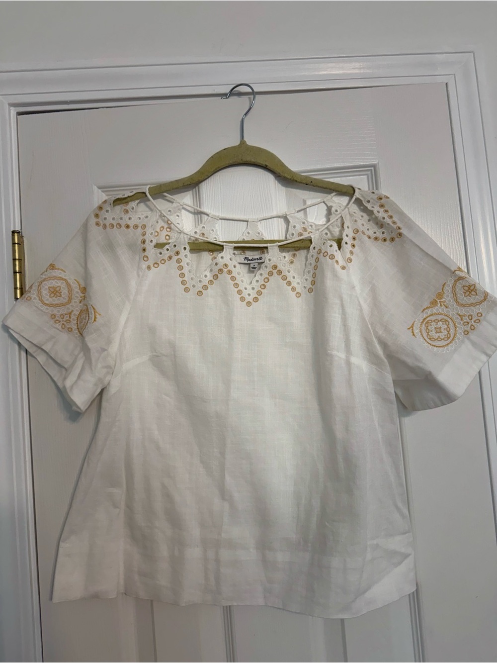 Madewell White Short-Sleeve Embroidered Eyelet Top with Gold Accent